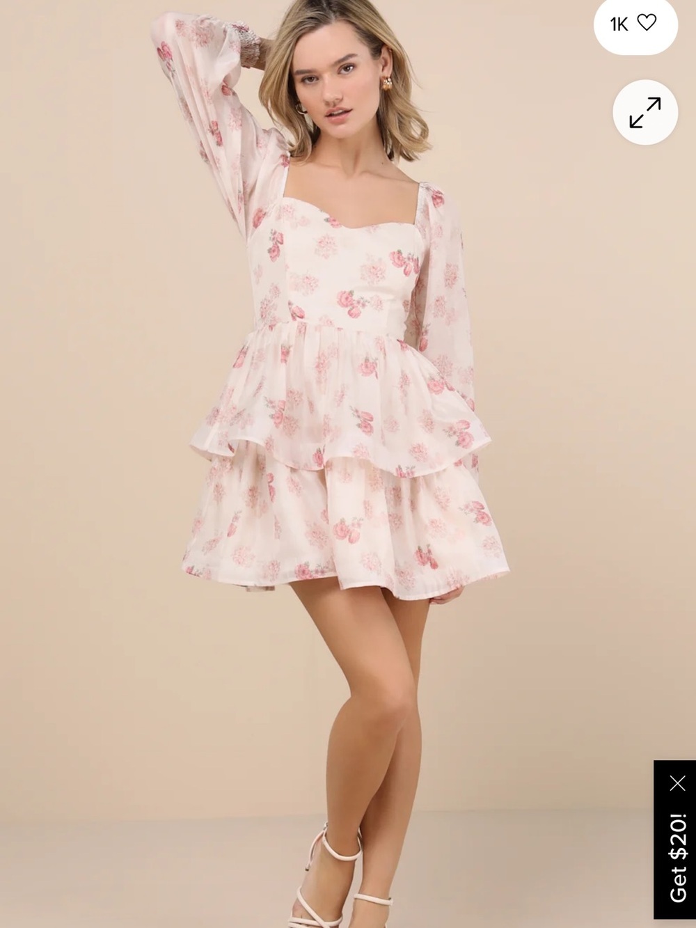 Blush Pink Floral Organza Tiered Mini Dress